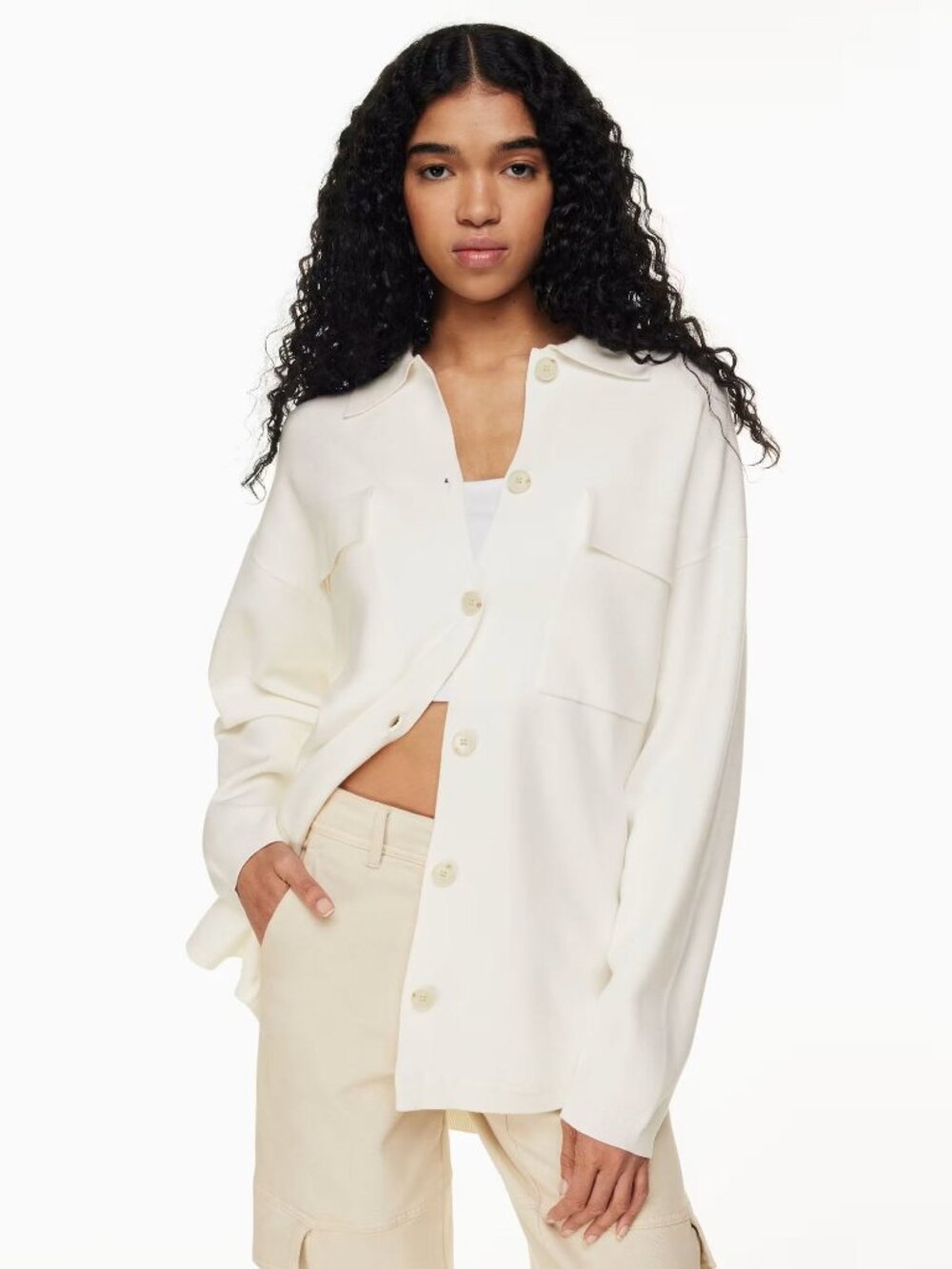 Wilfred Free Aritzia Ronnie Sweater Long Knit Relaxed Oversiz Shirt Jacket Ivory